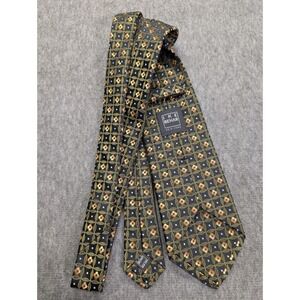 Ike Behar New York Mens Silk Tie Olive Green Gold Geometric Floral Pattern 59in
